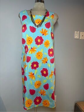 Bright Aqua Sleeveless Midi Dress with Pink & Yellow Floral Print Size 16